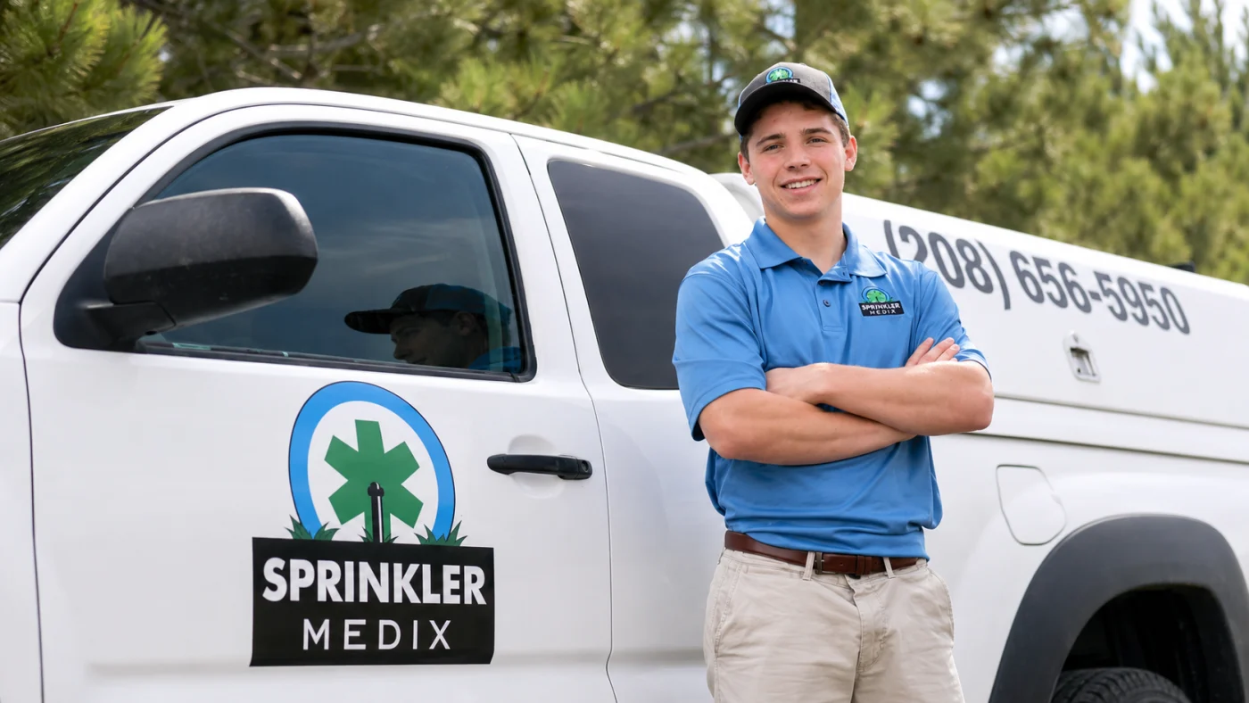 Bow Huff standing beside a Sprinkler Medix service truck.
